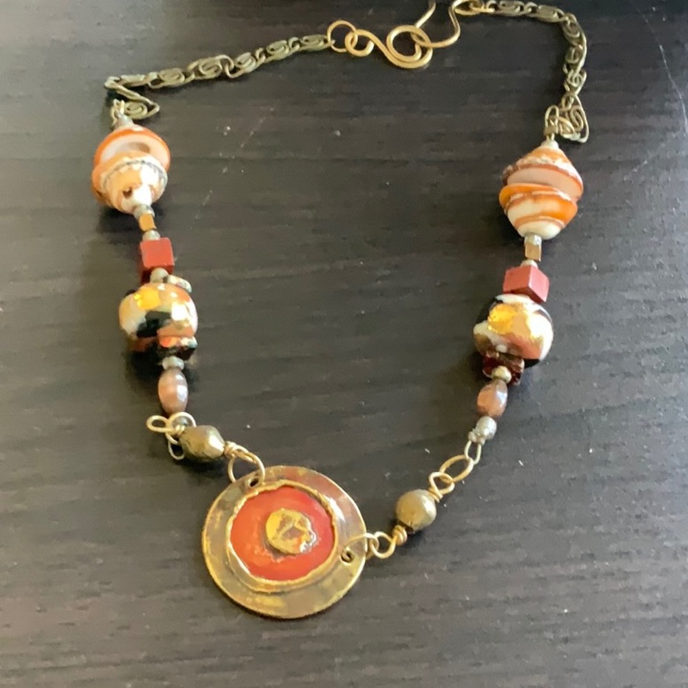 Handcrafted Orange and Gold Pendant Necklace